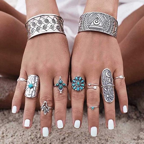 Edary Vintage Women Ring Sets Silver Multi Size Stacking Knuckle Rings Boho Mid Ring for Women and Girls(9pcs)