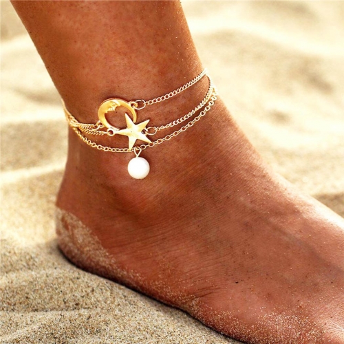 Zoestar Boho Pearl Anklets Gold Moon and Star Ankle Bracelet Summer Beach Layered Ankle Foot Chain Jewelry for Women and Girls (3 pcs)