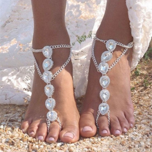 Zoestar Crystal Anklet Silver Water Drop Ankle Bracelets Beach Toe Ring Foot Chain Jewelry for Women and Girls（2 PCs）
