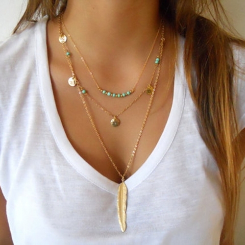Boho Leaf Layered Necklace Gold Beach Sequins Pendant Necklaces Turquoise Chain Jewelry for Women and Girls