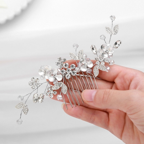 Unicra Rhinestone Bride Wedding Hair Comb Silver Flower Hair Pieces Crystal Bridal Hair Accesories for Women and Girls