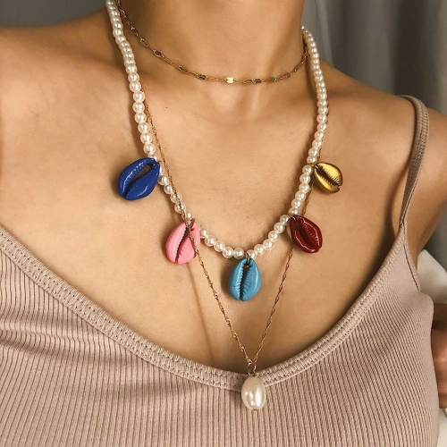 Boho Layered Necklaces Pearl Pendants Shell Necklace Adjustable Chain Beach Jewelry for Women and Girls(Gold)