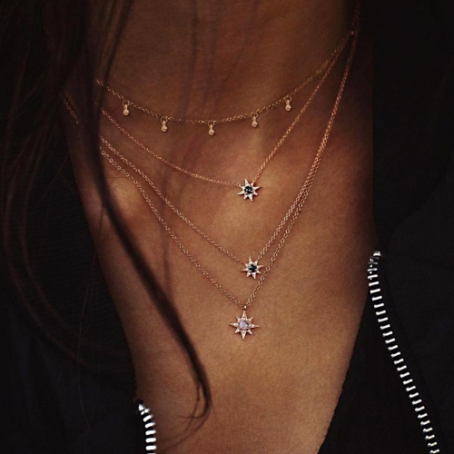 Simple Layered Necklaces Crystal Pendants Sun Necklace Adjustable Chain Beach Jewelry for Women and Girls(Gold)