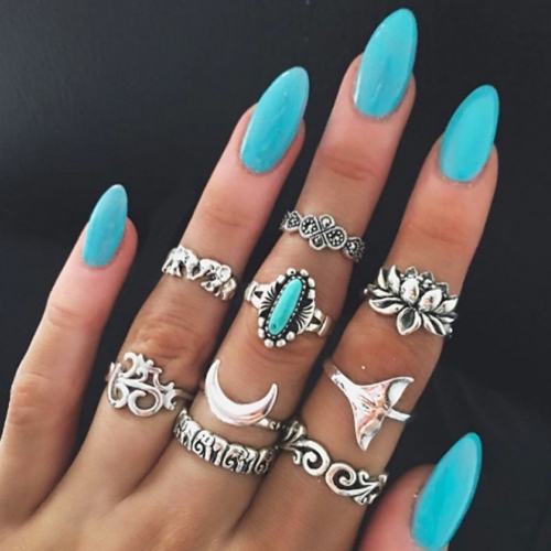 Edary Boho Knuckle Rings Silver Ring Sets Turquoise Stylish Hand Accessories Jewelry for Women and Girls(9PCS)