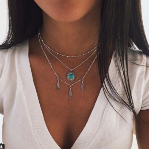 Boho Turquoise Layered Necklace Silver Sun Pendant Necklaces Feather Tassel and Beaded Chains Jewelry for Women and Girls