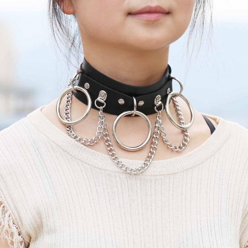 Punk Choker Necklace Leather Black Short Party Rivet Chain Necklaces Circle Jewelry  for Women and girls