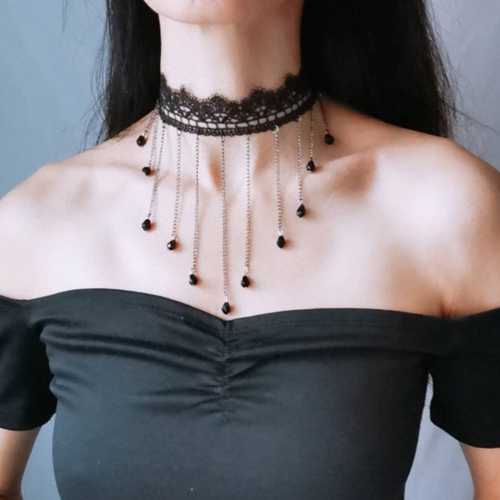 Gothic Lace Choker Necklace Black Short Party Crystal Chain Necklaces Tassel Jewelry for Women and Girls