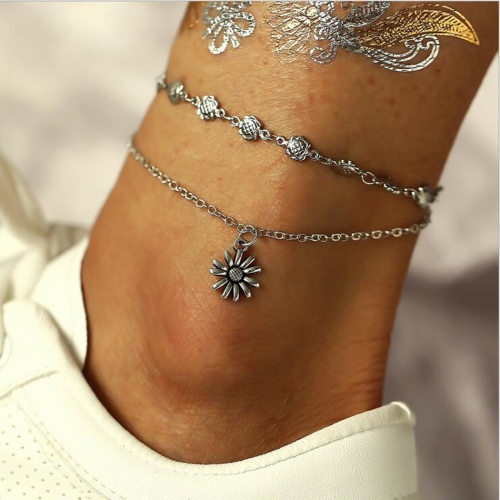 Zoestar Boho Layered Sunflower Anklets Silver Beach Ankle Bracelet Summer Vintage Ankle Foot Chain Jewelry Jewelry for Women and Girls