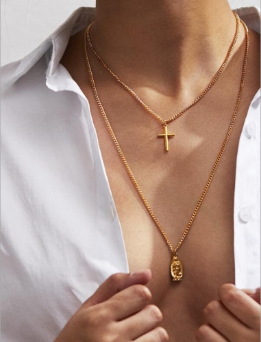 Boho Layering Necklaces Chain Gold Cross Choker Jesus Pendant Short Jewelry Accessories for Women and Girls