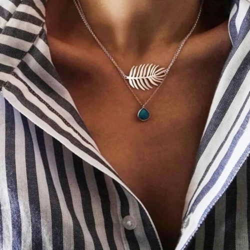 Boho Layered Pendant Necklace Turquoise Silver Beach Leaf Chain Necklaces Hollow Out Jewelry for Women and Girls