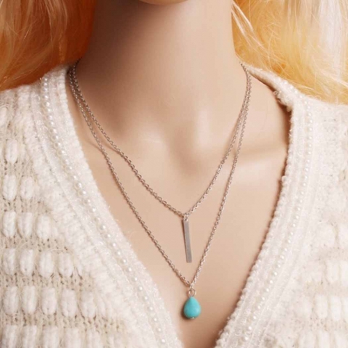 Boho Layered Necklace Silver Bar Pendant Necklaces Turquoise Layering Chains Jewelry for Women and Girls