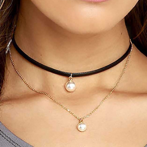 Fashion Choker Layered Necklace Pearl Silver Party Velvet Pendant Necklaces Chain Jewelry for Women and Girls