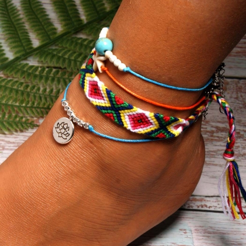 Boho Layered Anklets Turquoise Beaded Ankle Bracelet Starfish Coin Anklet Braided Foot Jewelry for Women and Girls