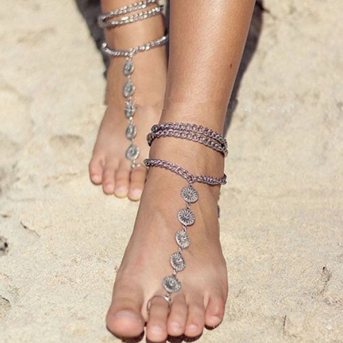 Vintage Coin Anklet Bracelet Layered Foot Ankle Charm Silver Jewelry for Women and Girls（2 PCs）