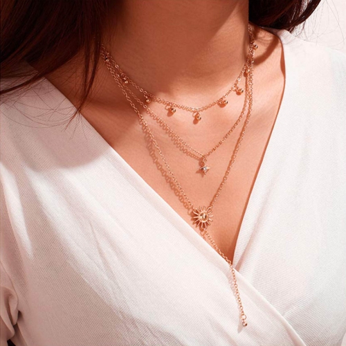 Boho Layered Pendant Necklace Tassel Gold Beach Crystal Chain Necklaces Sun Bead Jewelry for Women and Girls