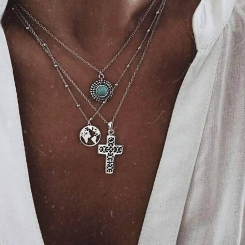 Boho Turquoise Layered Necklace Silver Cross and Earth Map Pendant Necklaces Beaded Chains Jewelry for Women and Girls