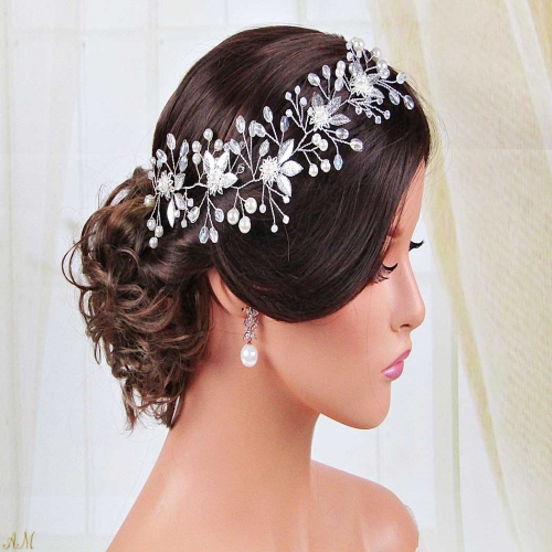 Unicra Bride Wedding Hair Vine Flower Bridal Headband Pearl Headpiece Rhinestone Hair Accessories for Women and Girls