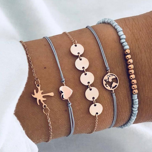 Edary Map Bracelet Set Gold Sequins Bracelets Heart Hand Accessories Coconut Tree Circle Hand Chain for Women and Girls(5Pcs)