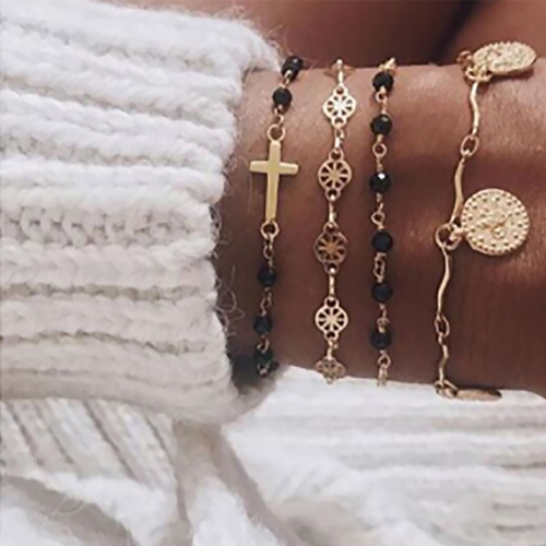 Edary Tassel Bracelet Set Gold Cross Bracelets Coin Stacked Hand Accessories Beaded Hand Chain Adjustable for Women and Girls(4Pcs)