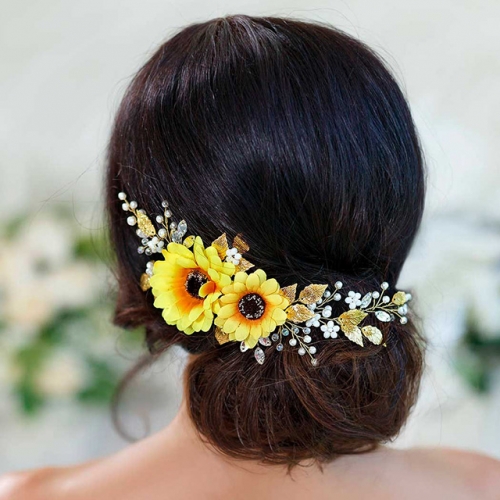 Unicra Sunflower Bride Wedding Hair Vine Pearl Bride Headpiece Rhinestone Headband Hair Accessories for Women and Girls