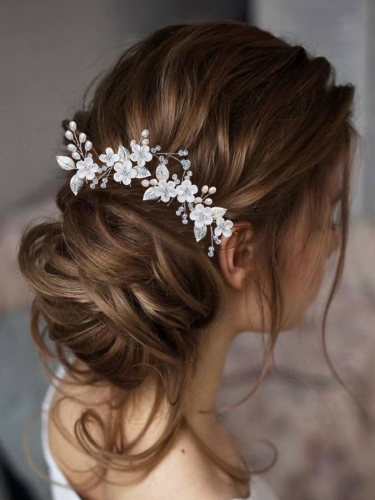 Unicra Flower Bride Wedding Hair Pins Silver Leaf Bridal Hair Clip Headpiece Rhinestones for Women and Girls(Pack of 3)