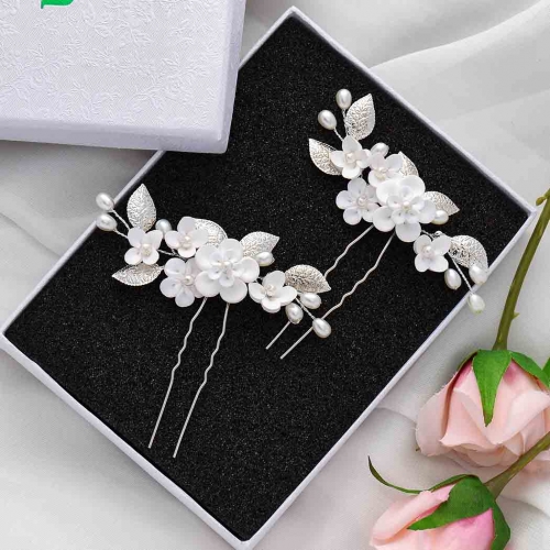 Unicra Flower Bride Wedding Hair Pins Silver Pearl Bridal Hair Accessories Hair Clips Headpieces for Women and Girls (Pack of 2)