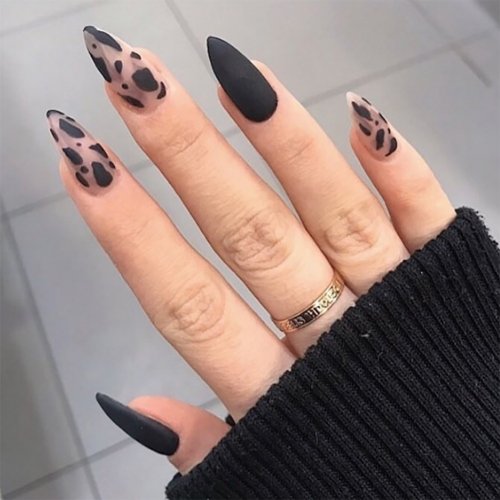 Brishow Coffin False Nails Black Leopard Fake Nails Pointed Ballerina Acrylic Press on Nails Full Cover Stick on Nails 24pcs for Women and Girls
