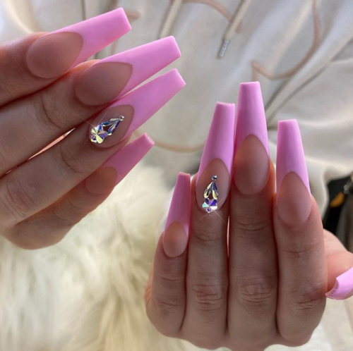 Brishow Coffin False Nails Long Fake Nails Pink Crystal Ballerina Acrylic Press on Nails Full Cover Stick on Nails 24pcs for Women and Girls