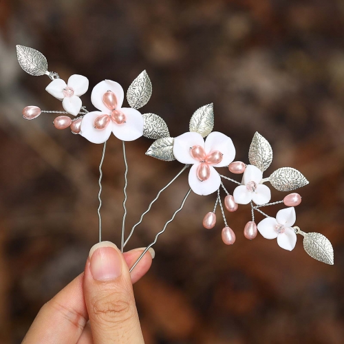 Unicra Pearl Bride Wedding Hair Pins Silver Flower Bridal Headpiece Pink Pearl  Hair Accessories for Women and Girls(Pack of 2)