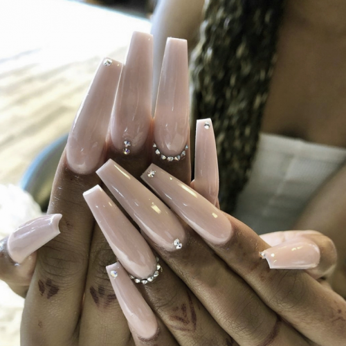 Brishow Coffin False Nails Long Fake Nails Nude Crystal Press on Nails Ballerina Acrylic Full Cover Stick on Nails 24pcs for Women and Girls