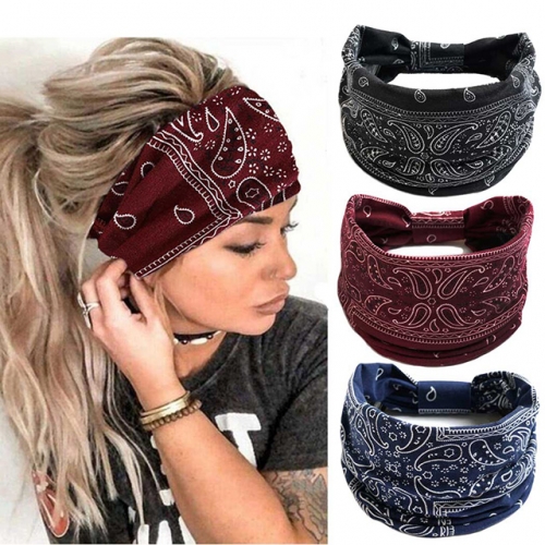 Gortin Boho Headbands Black Elastic Hair Bands Stretch Yoga Sweatband Headband Turban Floral Print Wide Head Wraps Cloth Twist Head Bands for Women an