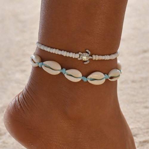 Zoestar Boho Shell Anklets Silver Turtle Ankle Bracelets Double Layered Weave Foot Jewelry for Women and Girls
