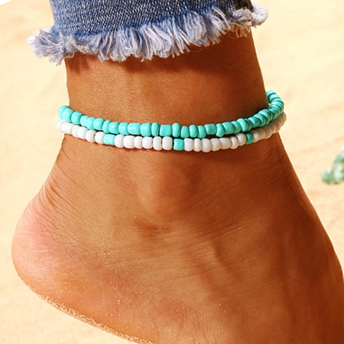 Zoestar Boho Double Anklets Turquoise Ankle Bracelets Layered Beads Foot Chains for Women and Girls