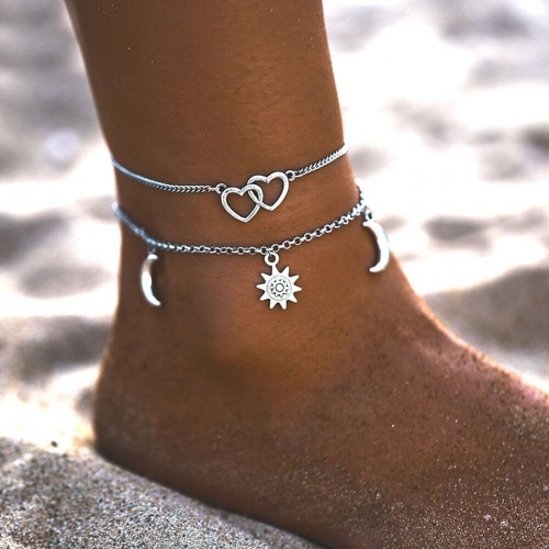 Zoestar Boho Heart  Anklet Silver Moon Star Ankle Bracelets Layered Summer Anklets Beach Foot Chain Jewelry for Women and Girls