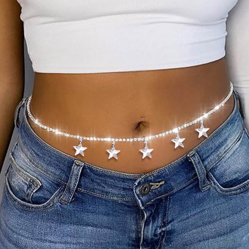 Victray Crystal Waist Chain Silver Star Body Chains Rhinestone Body Jewelry Party Waist Accessories for Women and Girls