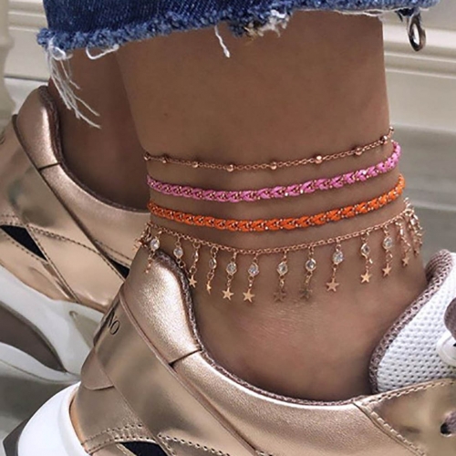 Zoestar Boho Crystal Weave Anklet Gold Star Beads Rope Ankle Bracelet Rhinestone Anklets Summer Beach Beads Foot Chain Jewelry for Women and Girls