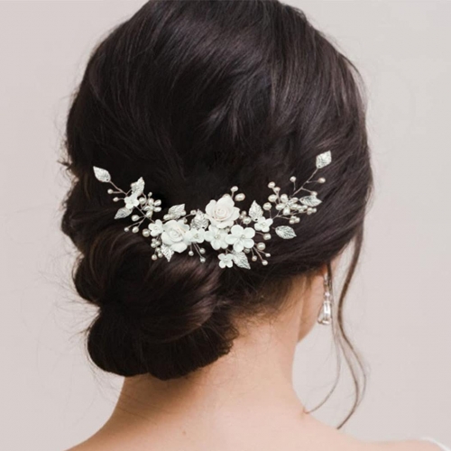 Unicra Flower Bride Wedding Hair Vine Silver Pearl Bridal Headpiece Leaf Hair Accessories Hair Piece for Women and Girls