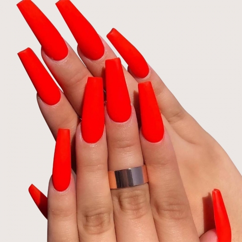 Brishow Coffin False Nails Long Fake Nails Ballerina Acrylic Press on Nails Matte Full Cover Stick on Nails 24pcs for Women and Girls (Red)