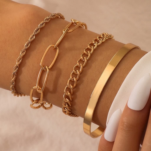 Edary Punk Layered Bracelets Set Gold Punk Bangle Hand Chain Jewelry for Women and Girls(4 Pcs)