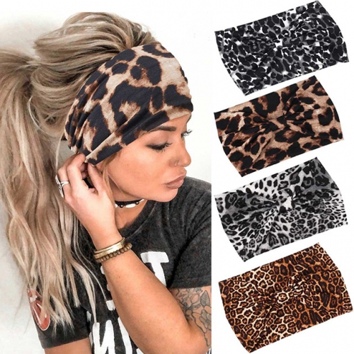 Gortin Boho Headbands Black Yoga Leopard Hair Bands Stretch Wide Head Bands Twist Turban Knot Sweatbands Elastic Hair Wraps for Women Pack of 4