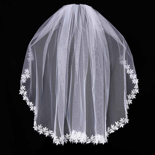 Unicra 1 Tier Lace Bride Wedding Veil White Short Bridal Tulle Veils Elbow Veil for Women and Girls