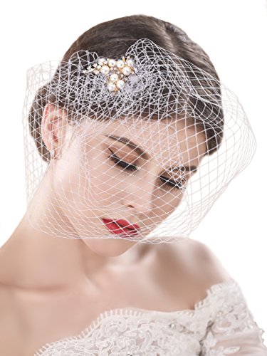 Unicra Bride Wedding Veil White Flower Pearl Bridal Birdcage with Comb Fascinator Hair Accessories for Women and Girls