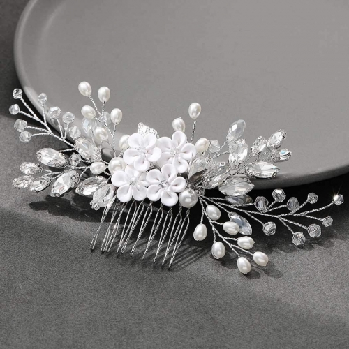 Unicra Flower Bride Wedding Hair Comb Silver Rhinestone Bridal Hair Pieces Pearl Hair Accessories for Women and Girls