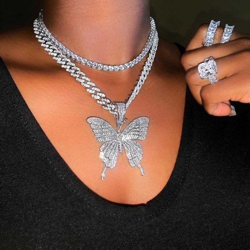 Edary Crystal Butterfly Choker Necklace Silver Cuban Link Chain Rhinestone Pendant Necklaces Chain Sparkly Butterfly Jewerly for Women and Girls