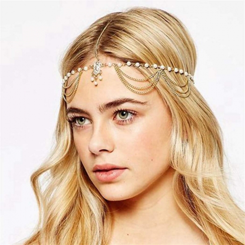 Unsutuo Boho Head Chain Gold Layered Crystal Headband Pearl Tassel Pendant Forehead Headpiece Vintage Hair Accessories Jewelry for Women an