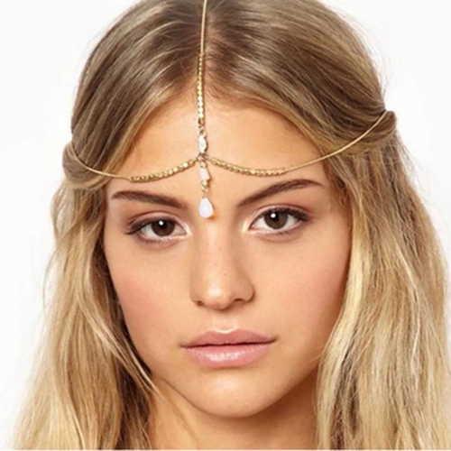 Unsutuo Vintage Head Chain Gold Gypsy Crystal Drop Pendant Headpiece Hair Accessories Boho Rhinestone Costume Forehead Bands Jewelry for Women and Gir