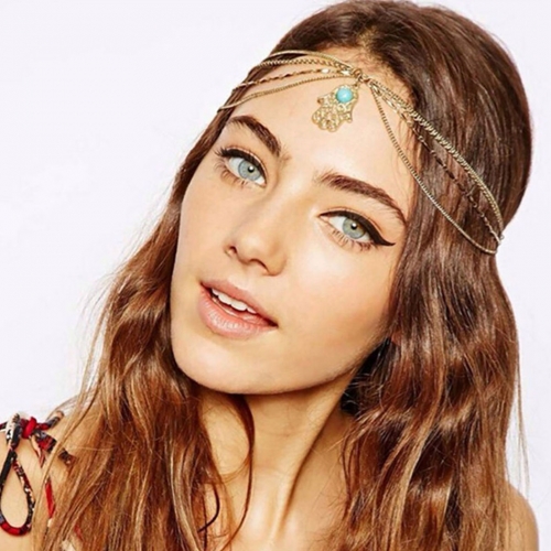 Unsutuo Boho Head Chain Gold Hand Headband Layered Pendant Headpieces Turquoise Hair Accessories Jewelry for Women and Girls