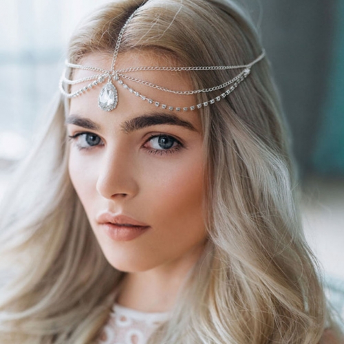 Unsutuo Head Chain Jewelry Wedding Headband Silver Rhinestones Boho Bridal Headpiece for Women and Girls