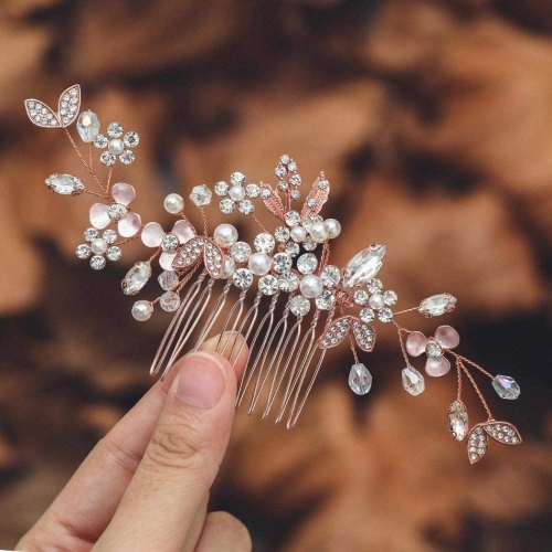Unicra Rhinestone Bride Wedding Hair Comb Rose Gold Flower Bridal Hair Pieces Leaf Hair Accessories for Women and Girls
