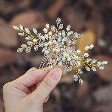 Unicra Pearl Bride Weding Hair Comb Gold Crystal Bridal Hair Pieces Rhinestone Hair Clip Hair Accessories for Women and Girls